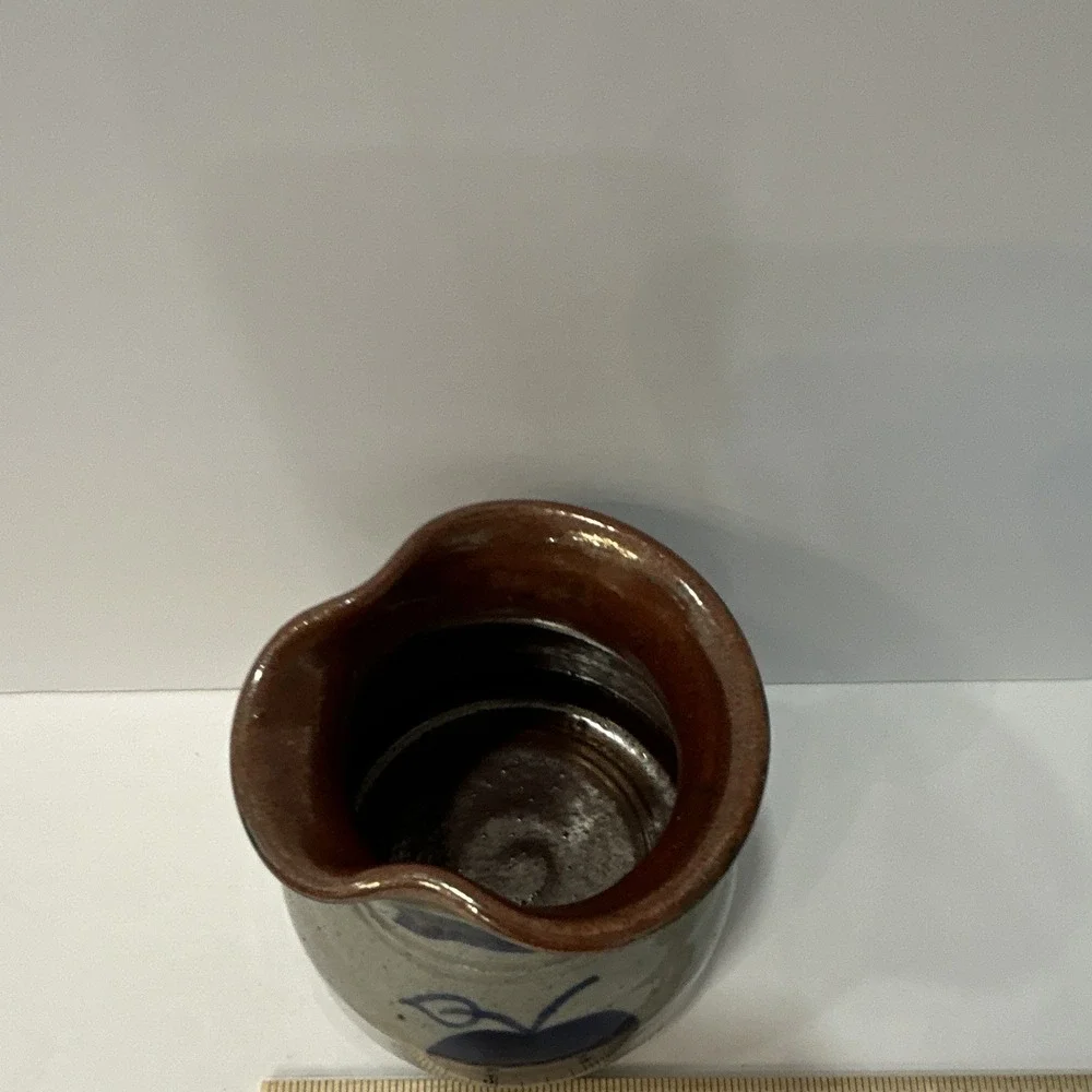 Stoneware Apple Pattern Creamer Gray Blue Brown Glossy Pottery 4 inch